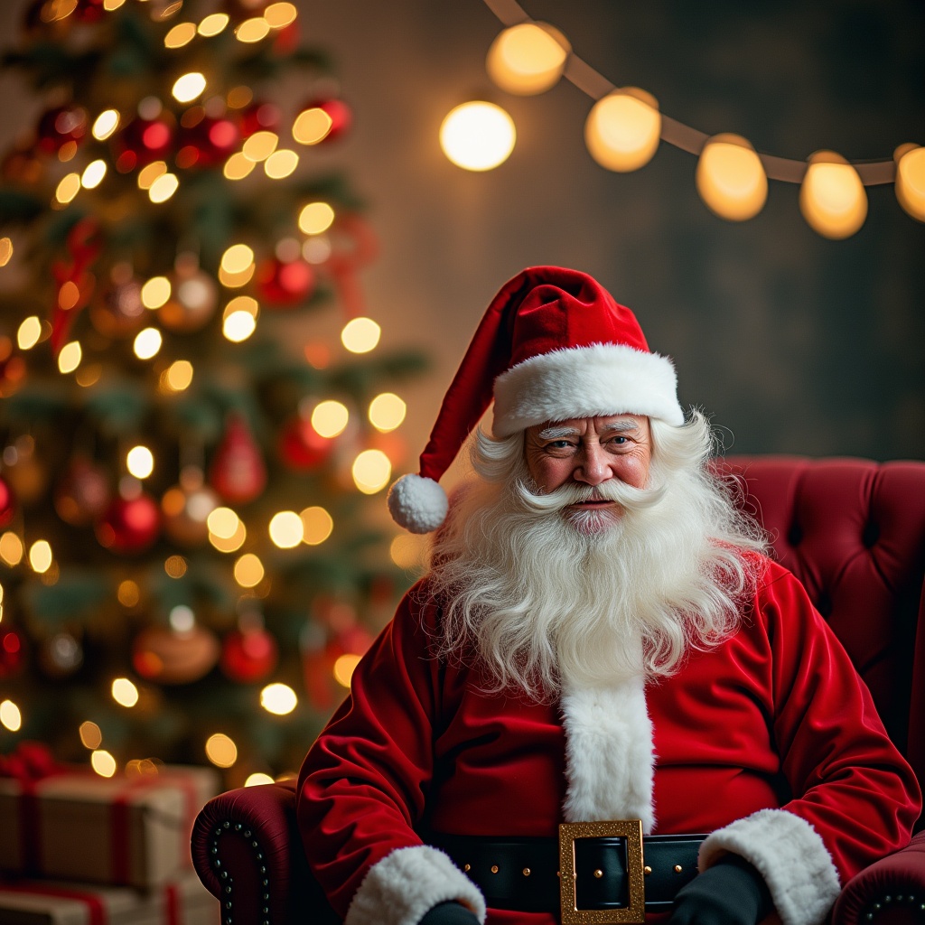 The image depicts Santa Claus seated comfortably in a plush chair, wearing his traditional red suit and hat. Behind him glows a beautifully decorated Christmas tree adorned with lights and ornaments. The setting is warm and inviting, perfect for the holiday season. Soft golden bokeh lights create a festive atmosphere. There's a sense of joy and nostalgia that resonates throughout the scene, evoking the spirit of Christmas.