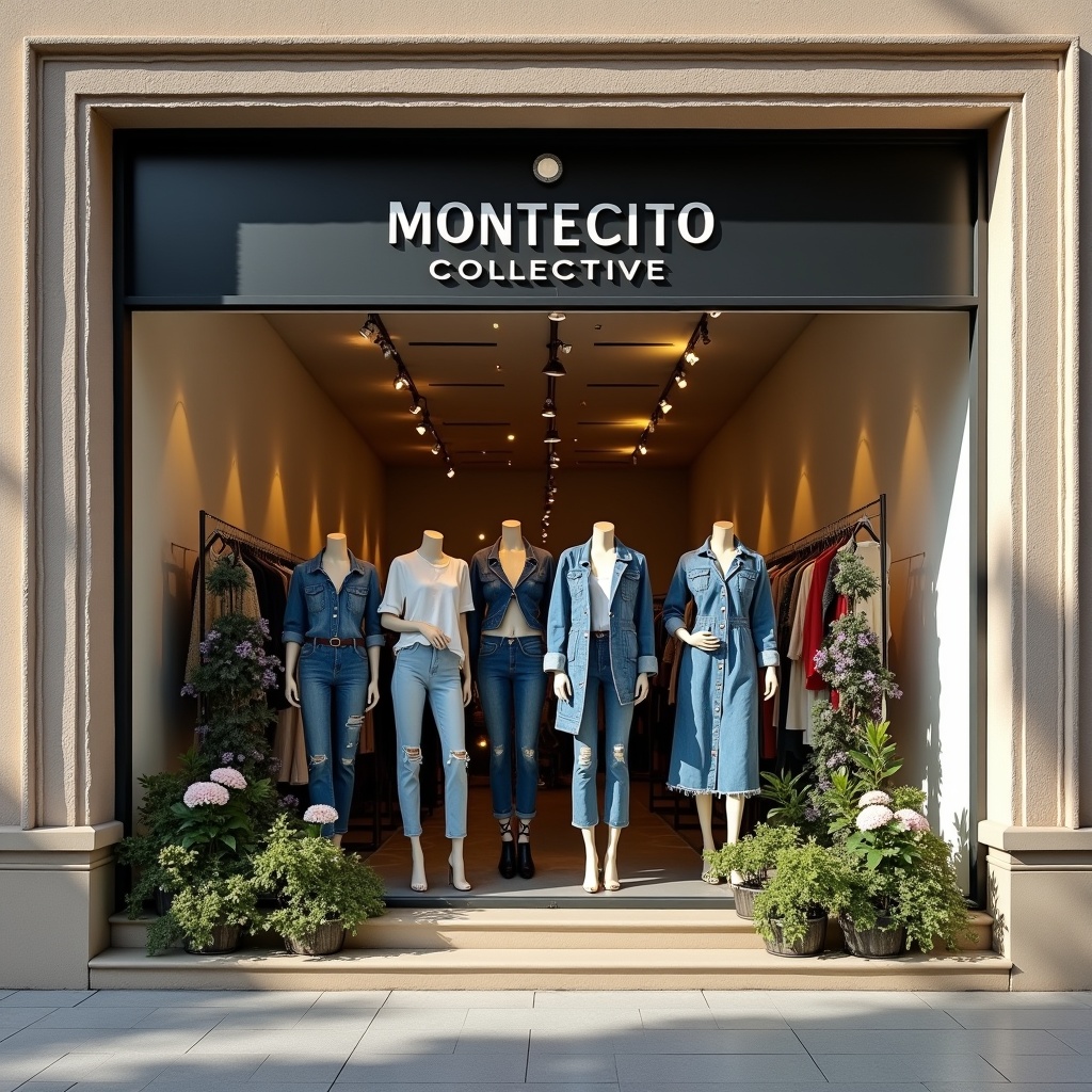 This image showcases a stylish fashion store featuring the name 'MONTECITO COLLECTIVE.' The window display highlights elegantly dressed mannequins showcasing a variety of women's denim outfits. The storefront has an inviting stucco facade adorned with colorful flowers and plants. Bright natural sunlight illuminates the scene, enhancing the details of the clothing. This appealing daytime setting represents modern fashion retail and the essence of contemporary style.