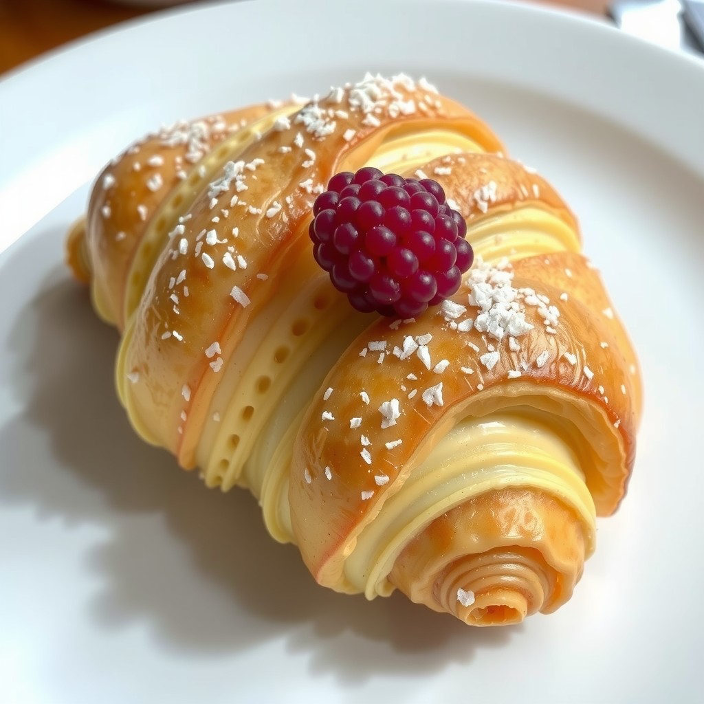 A beautifully decorated croissant topped with cream, a fresh raspberry, and sprinkled with powdered sugar.