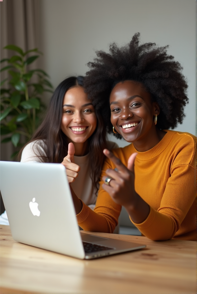 Two women are smiling and giving thumbs up while sitting at a wooden table with a laptop.