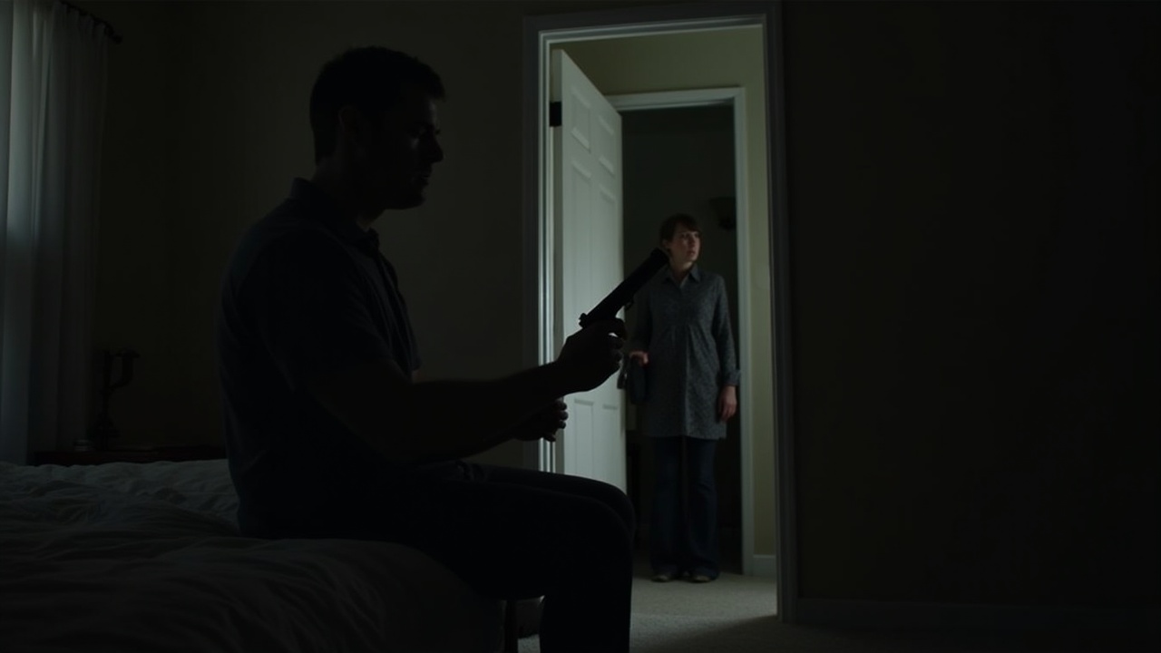 A dark, intimate bedroom scene unfolds. A husband sits on the edge of the bed, his face hidden in shadow, gripping a gun loosely. His wife stands in the doorway, her expression filled with fear and sorrow. The room is dimly lit, with soft light filtering in through the window, casting long shadows on the walls. The contrast between shadows creates an atmosphere of tension and unease.