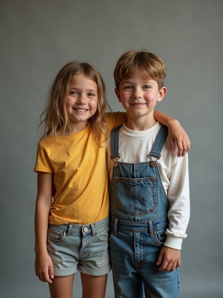 Two children pose together for a portrait. The girl wears a yellow t-shirt and shorts. The boy wears a white long-sleeve shirt and denim overalls. They stand close and smile at the camera.