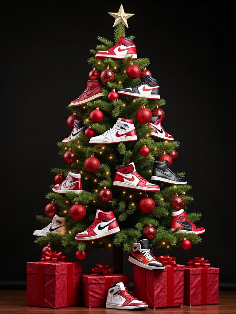 Christmas tree decorated with various Jordan sneakers. Red ornaments adorn the tree. Golden lights illuminate the branches. Presents stacked at the base. Sneakers displayed throughout the tree.