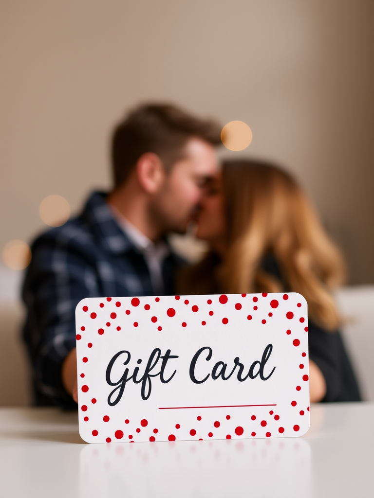 A festive gift card with red polka dots takes center stage, while a blurred couple shares a kiss in the background.