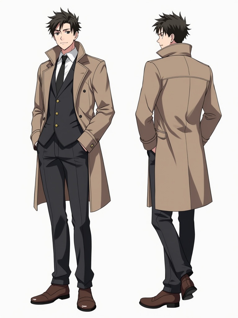 Anime character design sheet features serious male character dressed in stylish outfit. The character is viewed from three angles: front, side, and back. He wears a trench coat with a suit underneath. The design shows attention to detail in clothing and accessories.