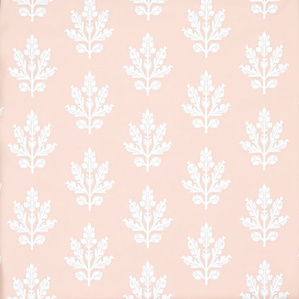 This image features a repeated pattern on a bedsheet with white leaves on a soft pink background. The leaves have different sizes and shapes, creating a balanced layout. The pattern repeats four times along the length and width, offering a consistent look. The pink color brings a soothing vibe, ideal for bedrooms. The design conveys tranquility and a connection to nature, good for home decor.