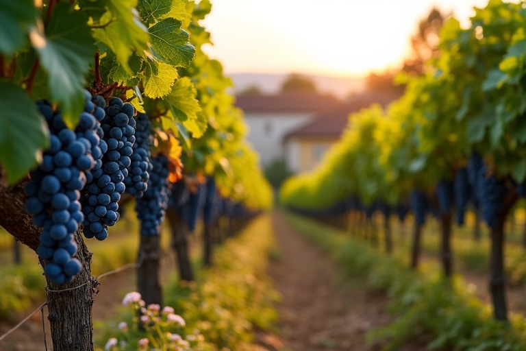 A sunny late summer evening in a vineyard. Vines are full of green leaves and hang with blue grapes. Some leaves show autumn colors. A narrow path runs between the vine rows with flowering plants. Behind, an old Winery in southern French style is blurred in the evening sun. Depth of field is slightly greater.