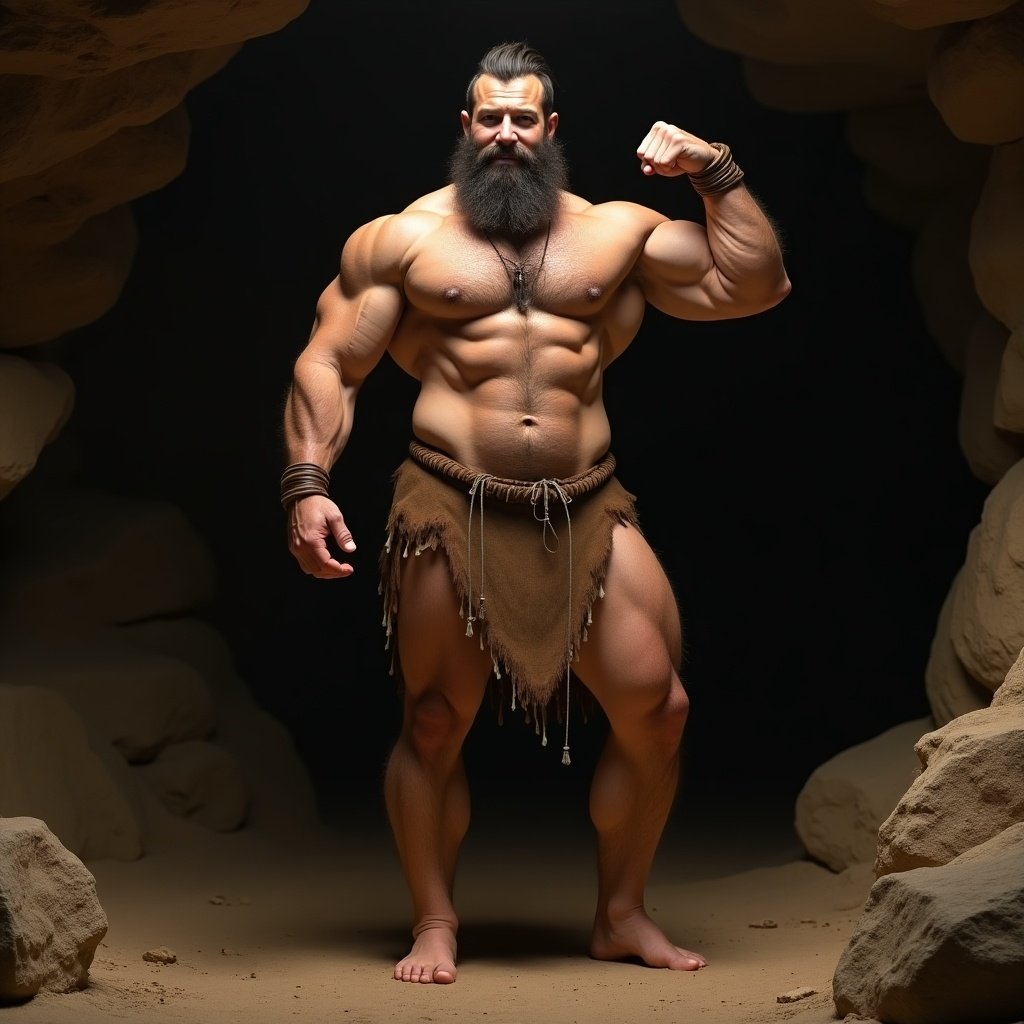 Muscular male poses in a cave. Flexing bicep. Wearing a leather loincloth. Hairy chest and massive legs visible. Slight smile. Full body representation from ancient times.