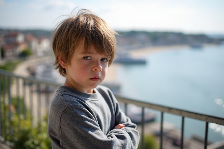 A young boy with Central European appearance and short light brown hair stands with crossed arms. He wears a gray sweatshirt. Background shows a sunny view from a balcony overlooking a harbor in Normandy.