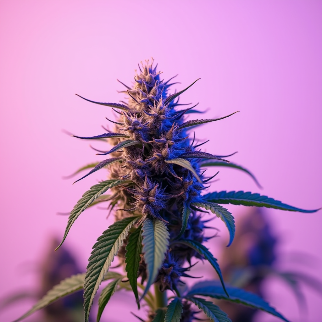 A cannabis bud in focus with purple and green hues, set against a soft, pastel gradient background.