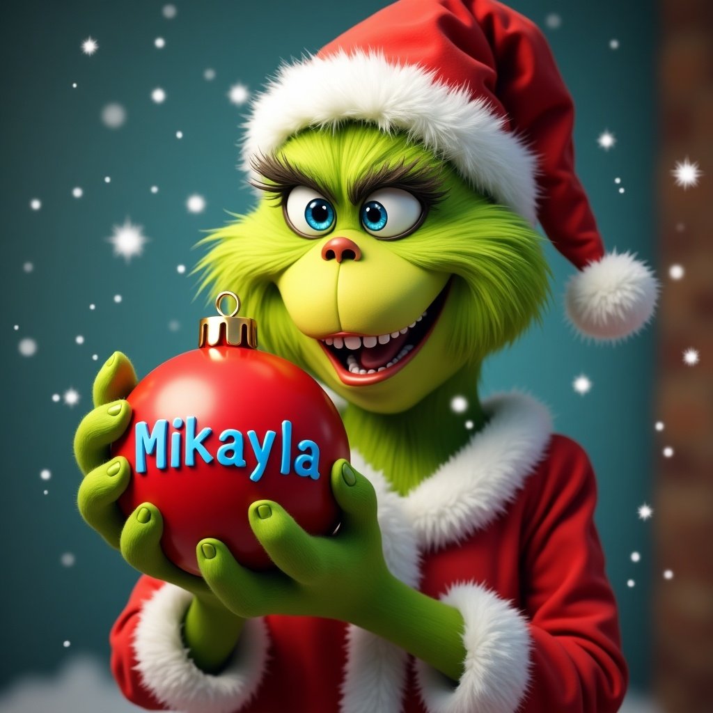 A Grinch character dressed in a Santa suit holds a red Christmas ornament. The ornament has the name Mikayla written in blue. The setting is festive and cheerful with snowflakes in the background.