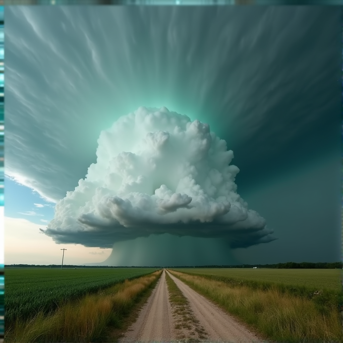 A massive, towering cloud looms over a long dirt road and green fields, casting an ethereal glow.