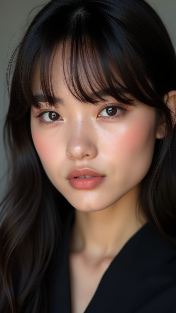 Close-up portrait of a young woman. Glowing skin. Dark hair styled with bangs. Wearing a dark shirt. Subtle peachy blush on cheeks. Soft and even lighting. Focus on delicate features and serious expression.