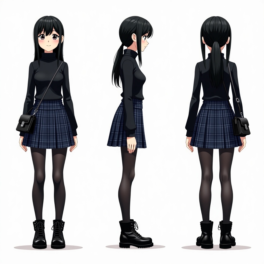 Turnaround view of a girl character wearing a black turtleneck and dark blue kilt with tartan design. Character has long black hair styled in a ponytail with bangs. Includes front, side, and back views for detailing. Character carries a small black shoulder bag and wears black combat boots and tights.