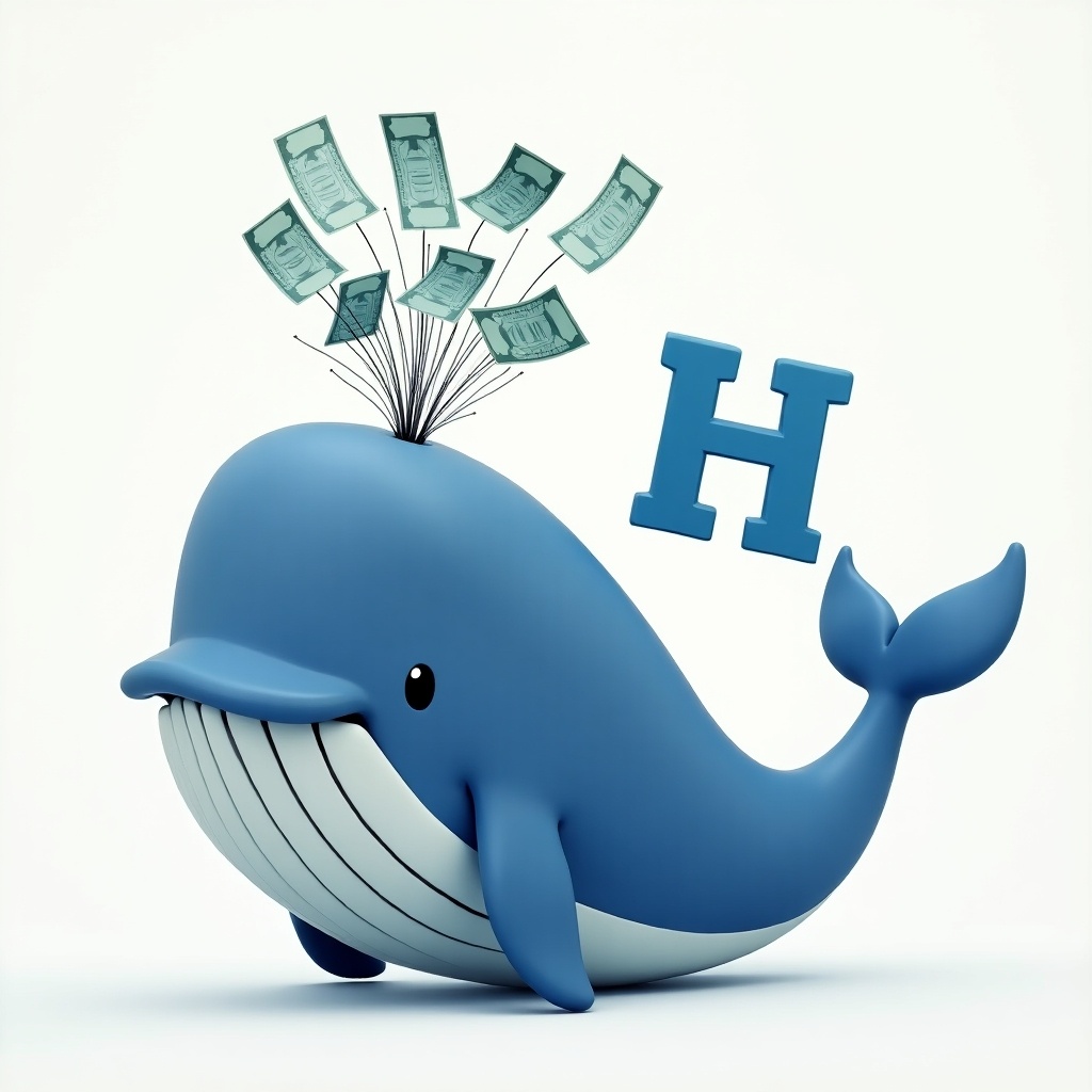 Whale throwing bills like a fountain over its head. Blue letter 'H' in 3D is present.