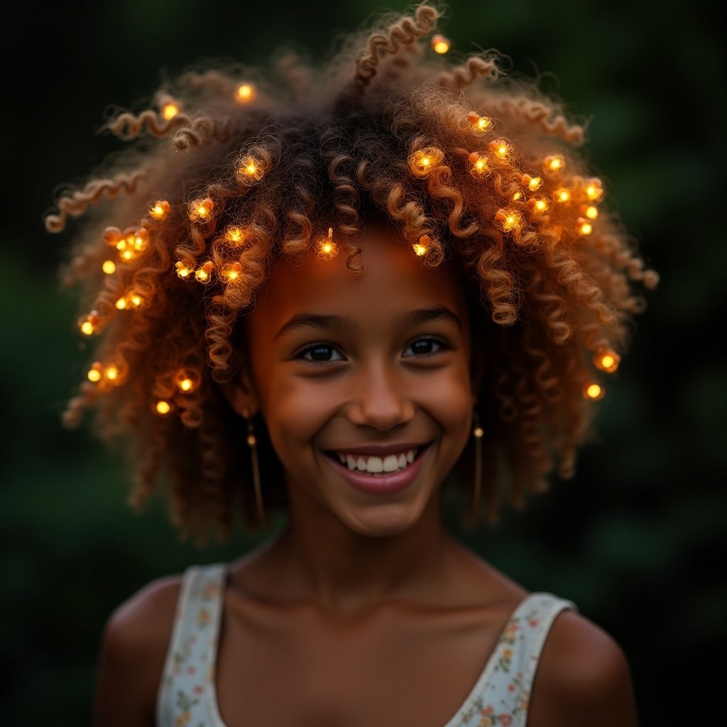 Curly hair adorned with tiny glowing flowers. Soft, warm light emphasizes beauty and creativity.