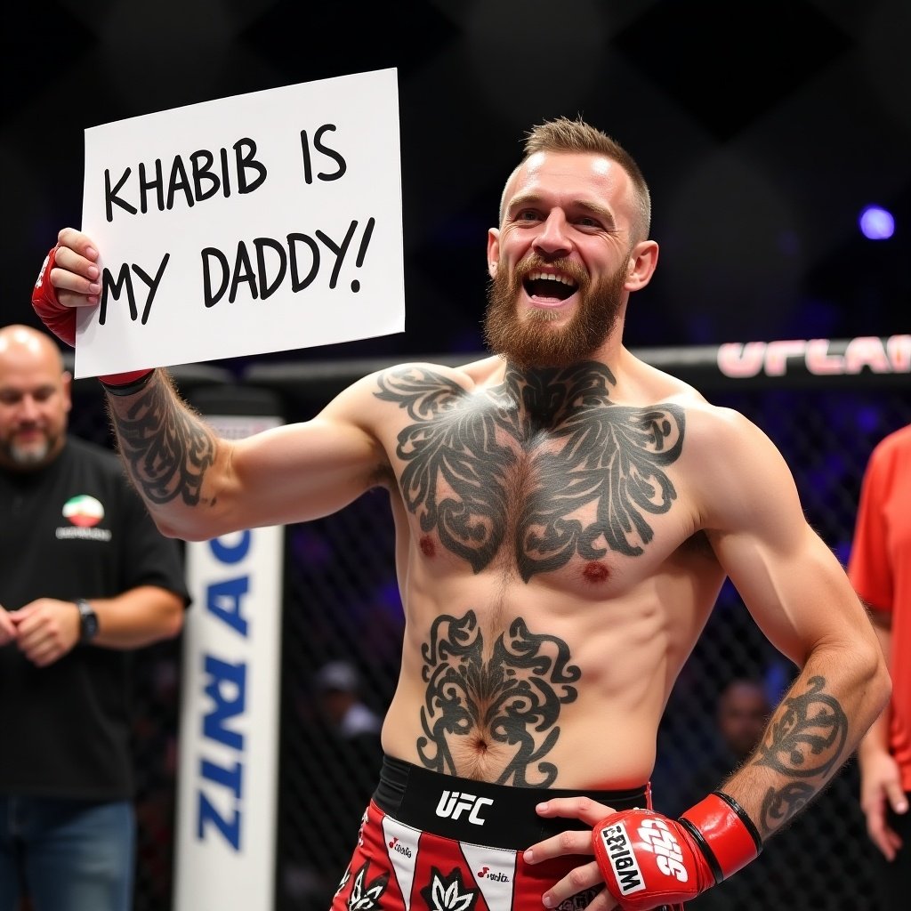 Conor McGregor stands in a fighting stance. He holds a sign that reads 'Khabib is my daddy'. The atmosphere is lively. Audience can be seen in the background. McGregor has visible tattoos and is wearing UFC shorts.