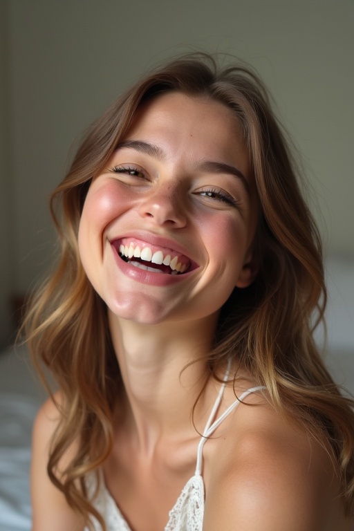 A girl is joyfully live streaming. Hair has a wavy texture and cascades over her shoulders. She appears happy and is laughing. The setting is softly lit.