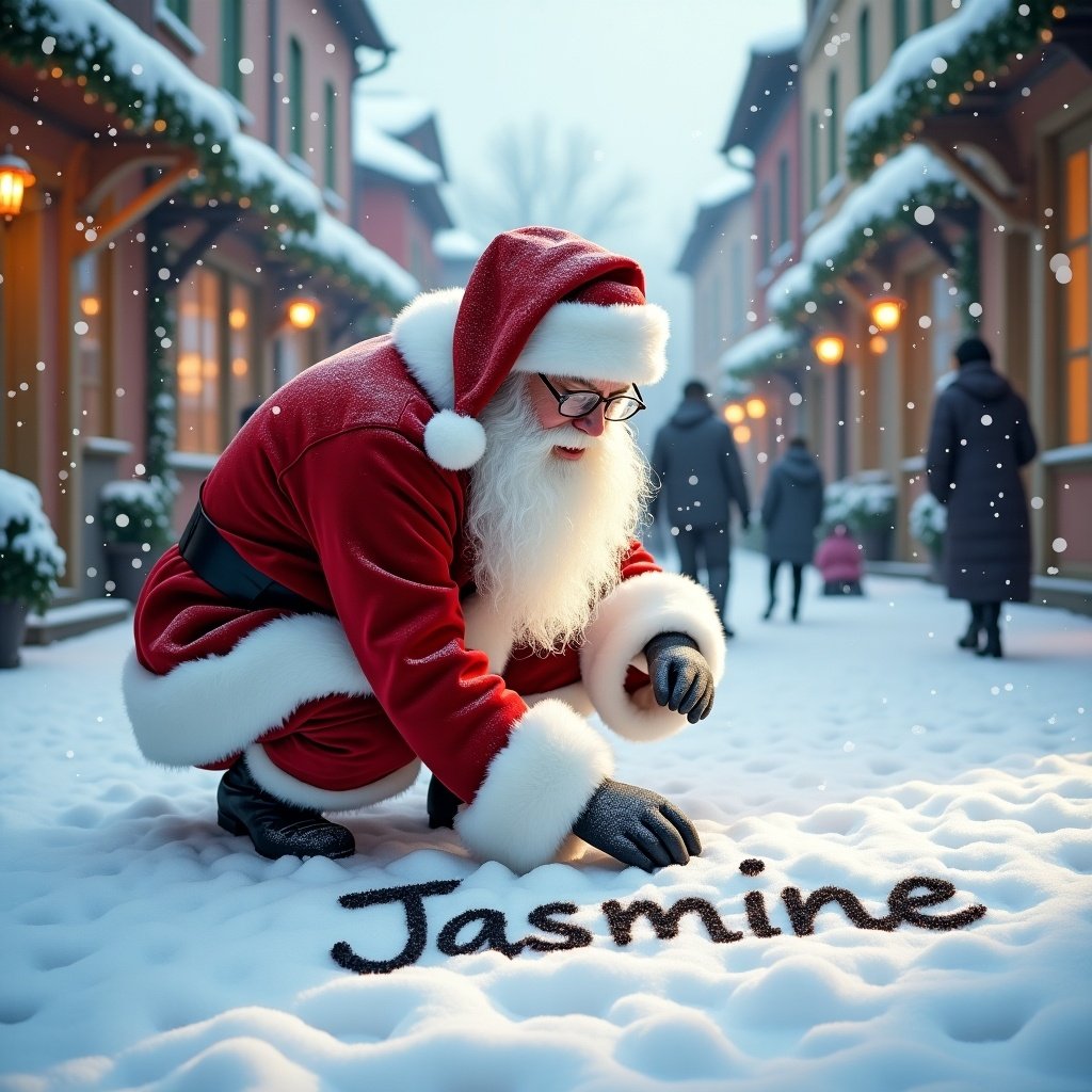 Santa Claus writes Jasmine in snow while wearing red and white clothing. Snowy street features charming buildings with warm light. Scene conveys cheerful holiday atmosphere.