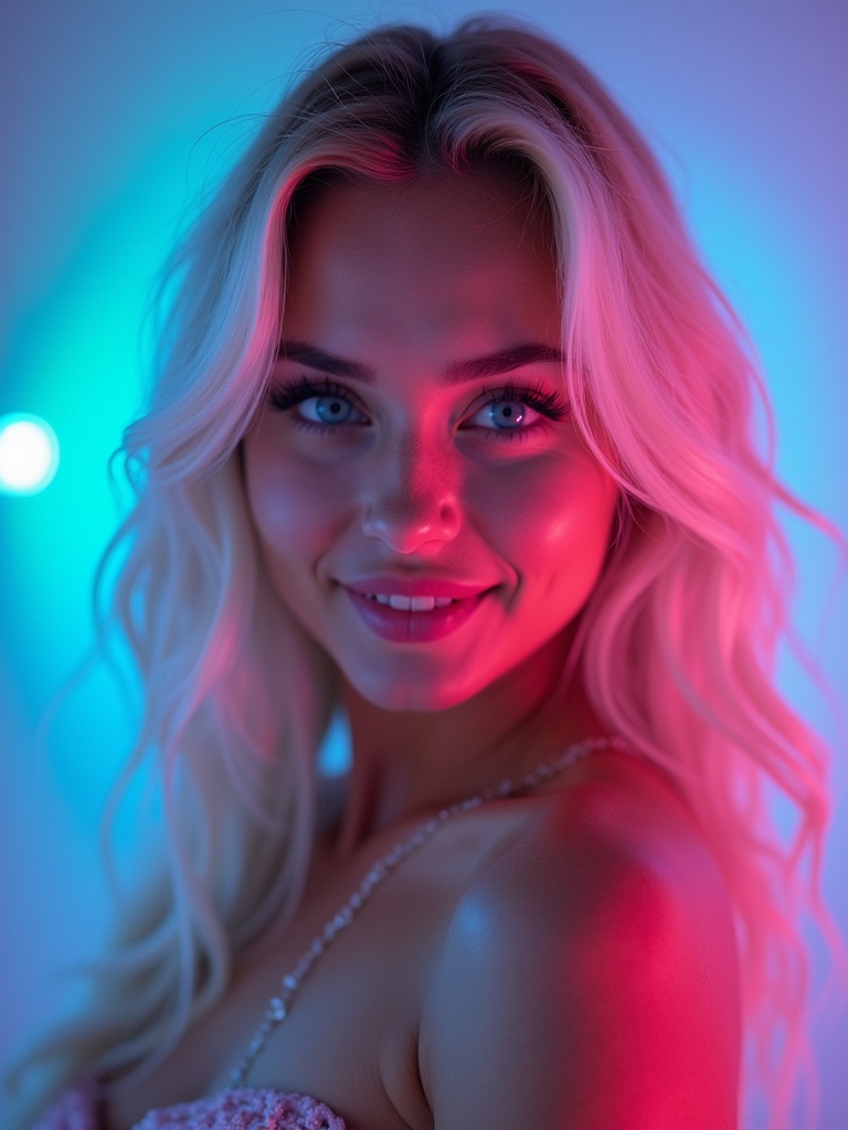 Portrait of a beautiful Instagram model influencer. Model has bleach blonde hair. Bright blue eyes visible. Soft glow surrounds the model. Background has bioluminescent gradient light colors.