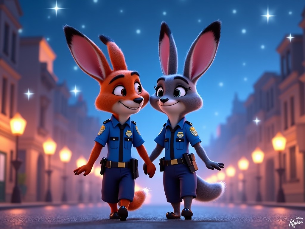 This artwork showcases Judy and Nick, characters from Disney's Zootopia, walking hand in hand through a serene nighttime setting. Both characters are dressed in their police uniforms, emphasizing their roles in the story. The background features beautifully lit street lamps lining the cobblestone path, creating a magical atmosphere. Stars twinkle above, adding to the whimsical feel of the scene. This piece captures the friendship and bond between the two characters in a charming and inviting way.