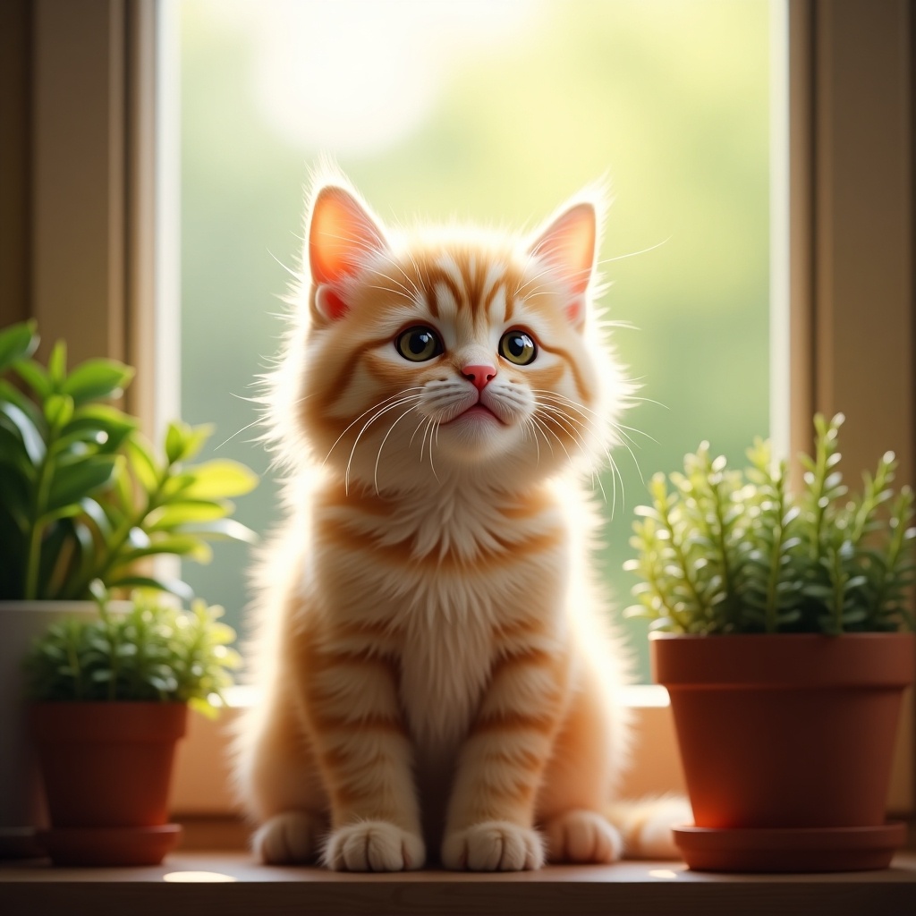 The image features a fluffy orange cat sitting calmly by a window. Sunlight streams in, creating a warm and inviting atmosphere. The cat has striking eyes and a curious expression, adding to its charm. In the foreground, there are pots with greenery, enhancing the cozy vibe of the scene. This setting embodies a peaceful moment in a pet's life, ideal for cat lovers.