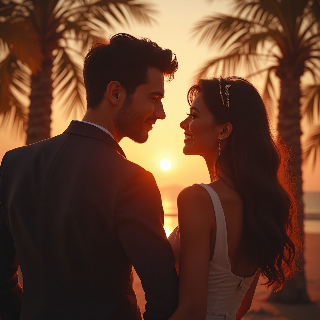 A virtual couple enjoys a date at sunset. They stand close together on the beach with palm trees in the background. The sky is aglow with warm colors. The couple is dressed elegantly. Their body language suggests intimacy and connection.