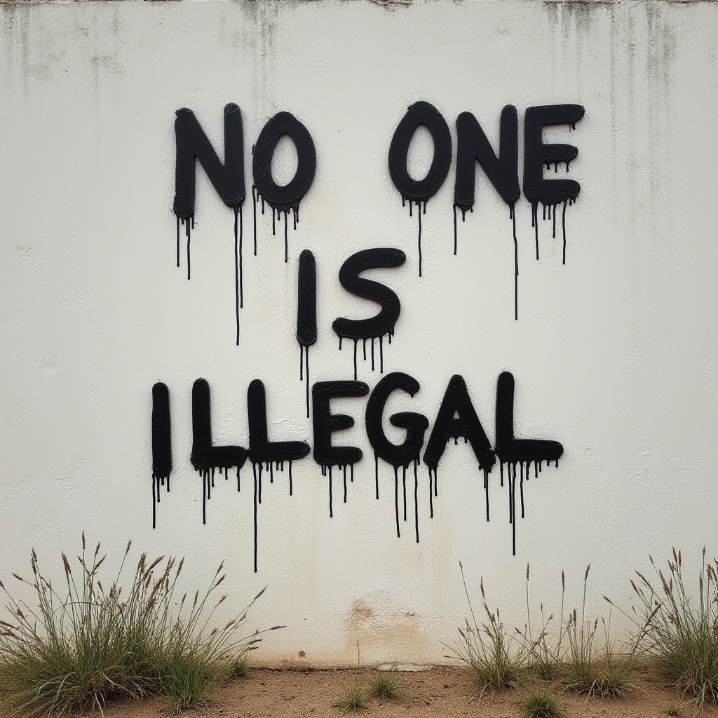 The image depicts a white wall with a powerful message written in black graffiti: "NO ONE IS ILLEGAL." The letters are bold and slightly irregular, with paint dripping downwards, adding a raw, expressive quality to the statement. The text occupies the central portion of the wall, commanding attention. Below the words, tufts of grass grow at the base of the wall, suggesting an outdoor setting. The overall tone of the image conveys a message of social justice and human rights advocacy.