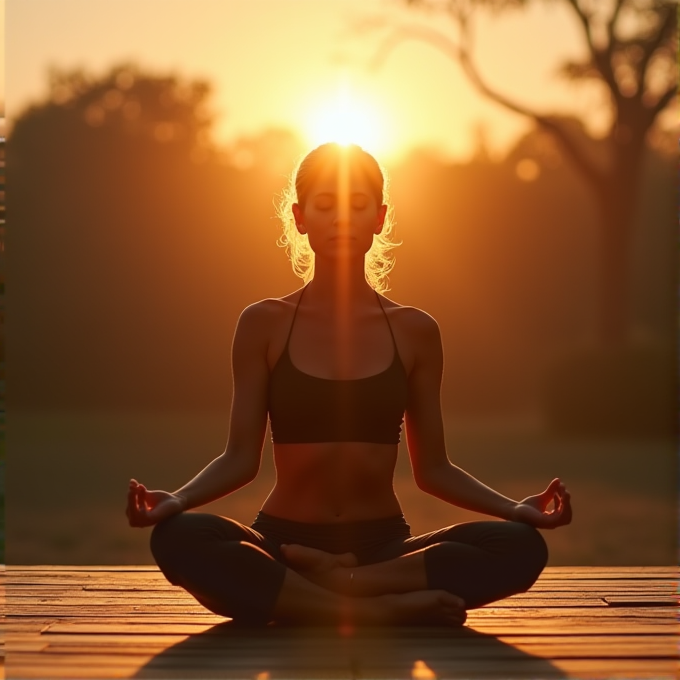 A person meditates on a wooden platform at sunrise, with the sun shining directly behind them.