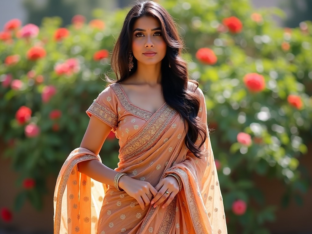 A woman in a beautifully crafted saree stands gracefully in a lush garden. She wears a peach-colored saree adorned with delicate gold embroidery. The background is filled with vibrant blooming flowers, adding to the serene atmosphere. Her hair flows elegantly, complementing her radiant expression. The soft, natural lighting highlights her features, showcasing the elegance of traditional wear.