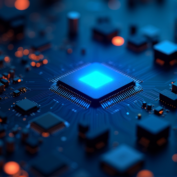 A close-up, futuristic view of a computer microchip on a circuit board, featuring a central glowing blue chip surrounded by various electronic components.