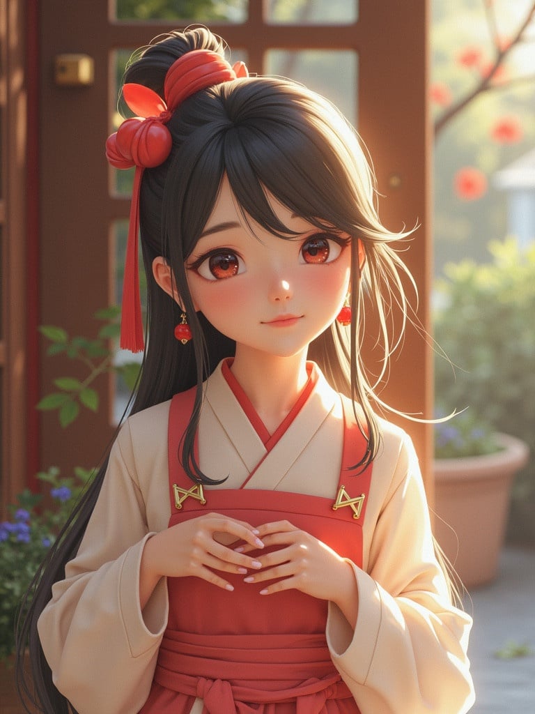 Girl wearing a traditional outfit with long hair standing in a garden. She holds a small object in her hands. Striking red attire with a beige top. Soft daylight accentuates her features and clothing.