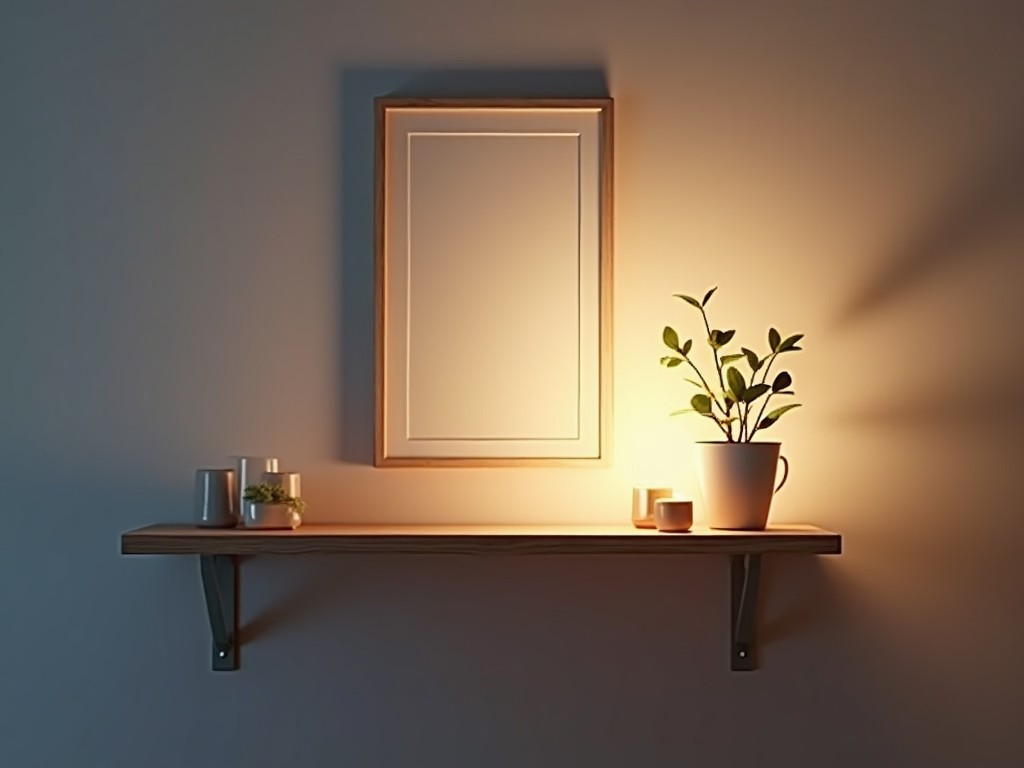 A minimalistic home interior with a wooden shelf, a framed picture, a potted plant, and candles, illuminated by warm light, conveying a cozy and modern decor vibe.