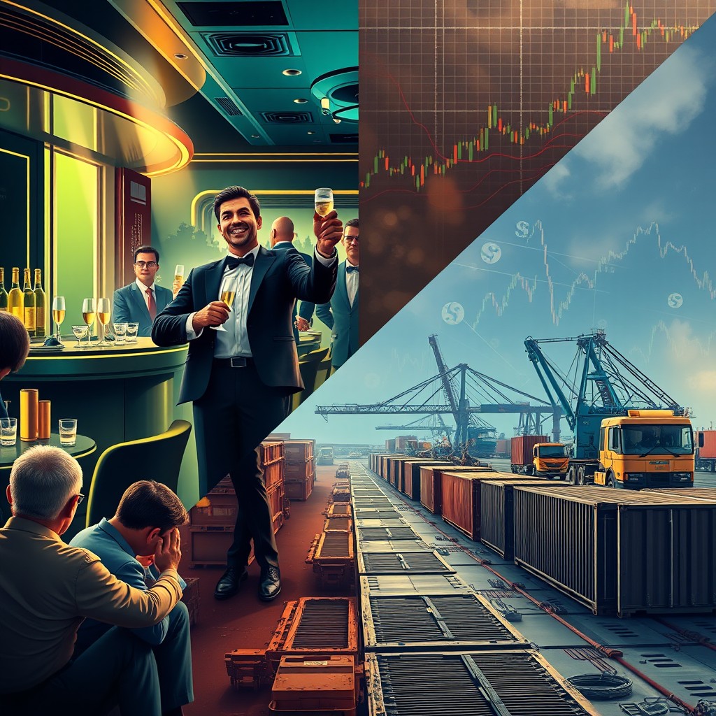 A split scene contrasting a jubilant stock market celebration with a bustling industrial port.