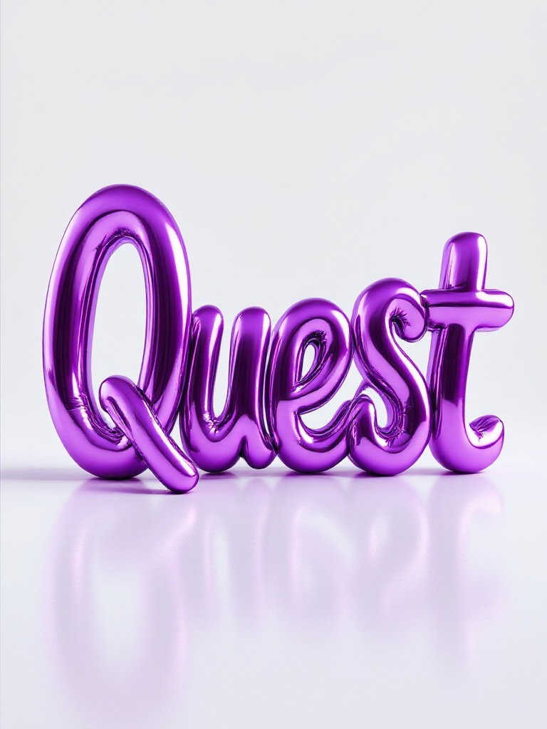 Sculpture of the word Quest. Styled as a vibrant purple. Finished in glossy, mirror-like surface. Letters artistically balanced with exaggerated curves. Simple background to focus on sculpture's aesthetic.