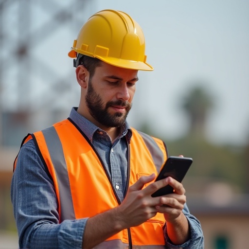 Construction worker wearing an orange safety vest and a yellow hard hat. The worker is checking their phone while standing on a construction site. The scene is bright and shows clear details of the environment.