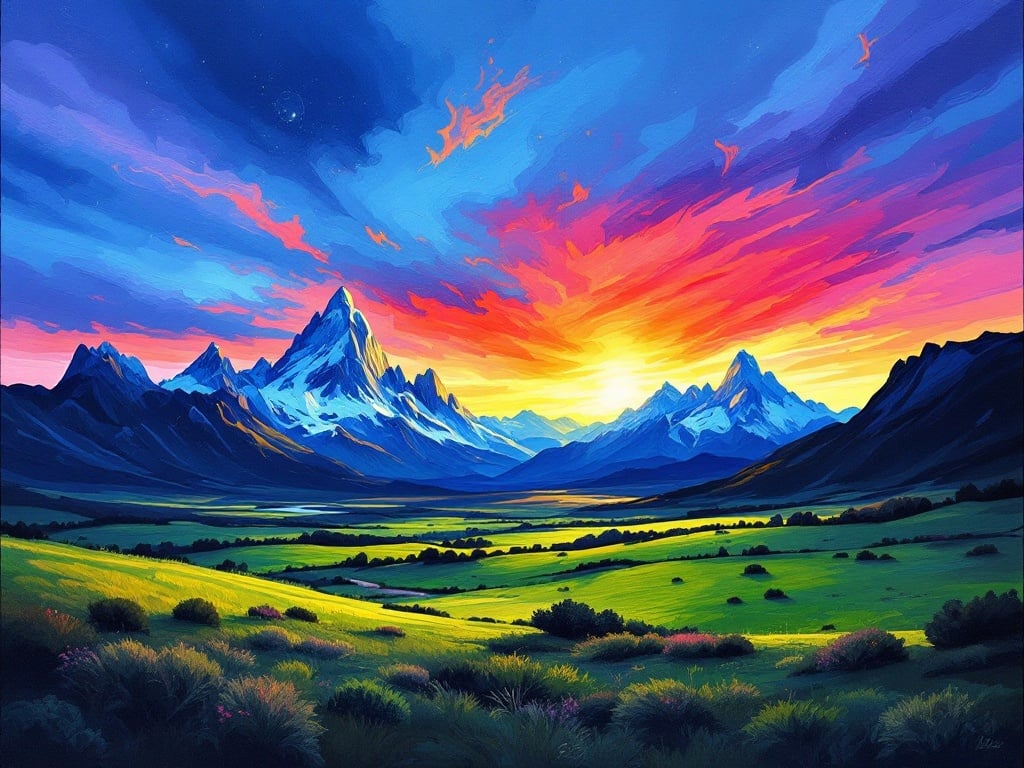 Stunning imaginary landscape showcasing mount Fitz Roy in Patagonia. Elements of Ariel Lee painting style visible. Dramatic sunset with deep blues, vibrant oranges, pinks and purples. Surrounding mountains and green fields promote tranquility of nature.