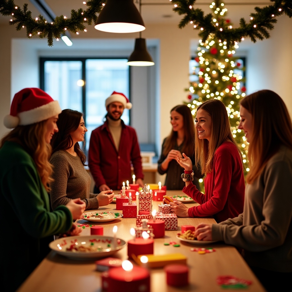 Christmas celebration at a Tech and BI Department. The company is named OTTO. Festively decorated table with candles, red and green colors, and employees engaging in activities together. Holiday spirit in the office environment.