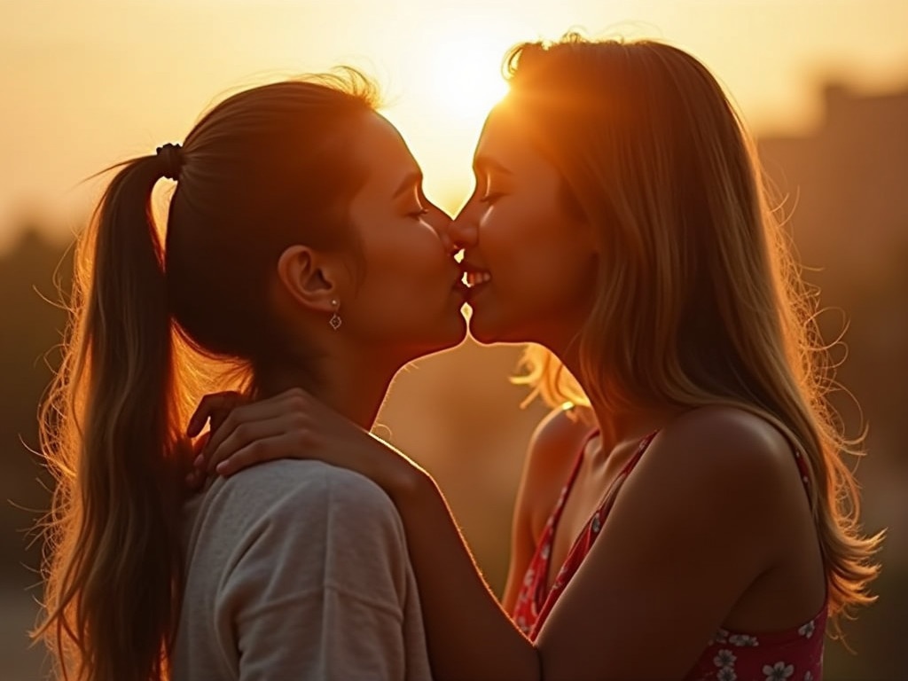 Two women gently kiss in warm light during sunset. The sun shines behind them creating a glowing effect. The scene captures love and intimacy.