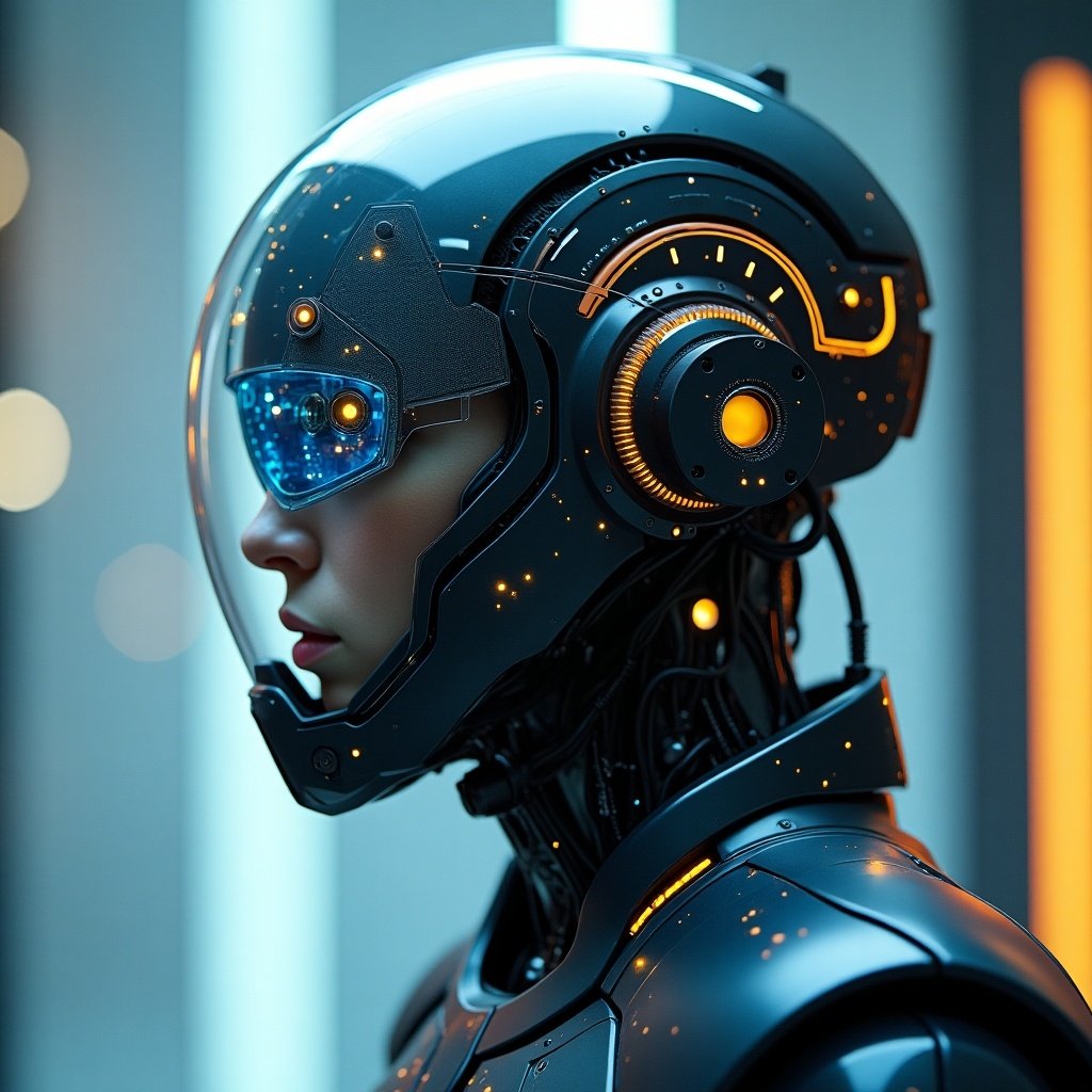 Depiction of a futuristic cyborg wearing a helmet with holographic interfaces. High detail in the design and glow effects. Focus on the helmet and robotic features. Blurred background to enhance the subject.