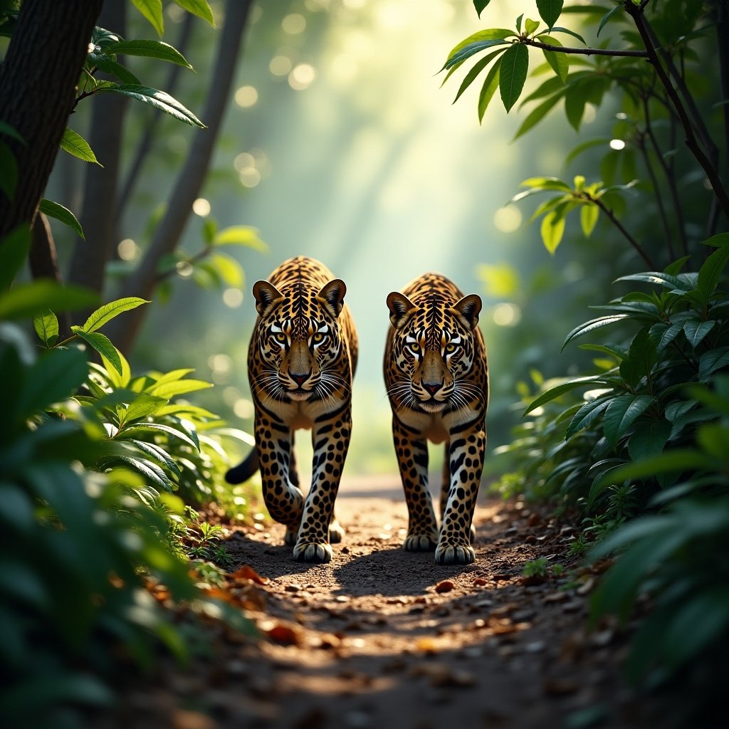 Two leopards walking forward down a forest path. Soft sunlight illuminated by trees creates a serene atmosphere.