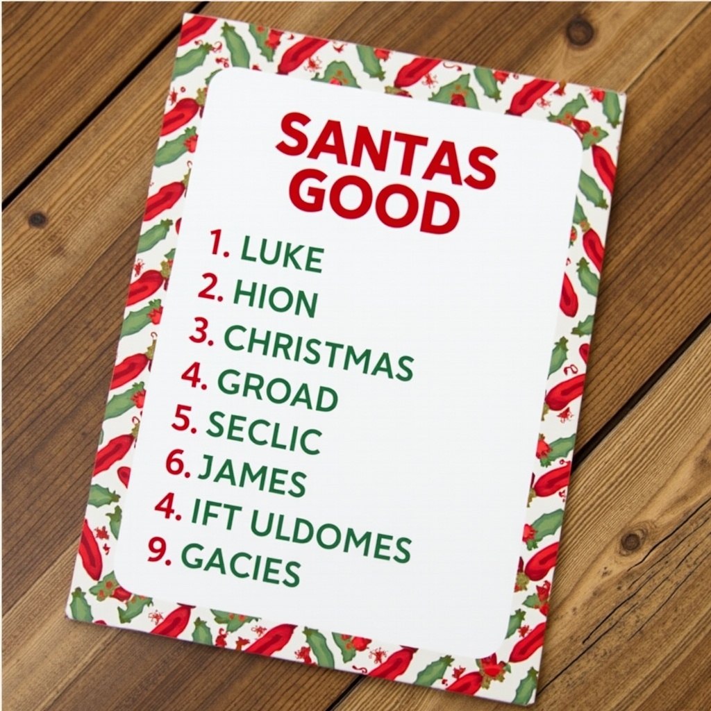 This image displays a festive Christmas list titled 'Santa's Good List.' The list features names, including 'Luke' and 'James,' suggesting they are on Santa's good side. The design is adorned with red and green decorations, typical of holiday aesthetics. The background of the image is a wooden table, enhancing the cozy feel of the season. The vibrant colors and playful typography create an inviting holiday atmosphere.