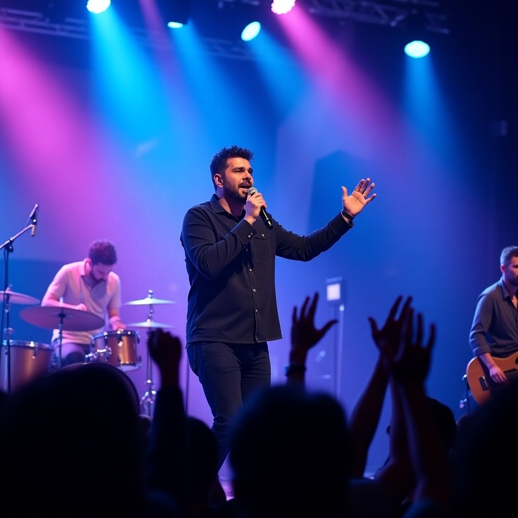 Dynamic concert scene with singer performing on stage. Vibrant blue and pink lights illuminate the singer. The drummer is positioned behind. Audience members enthusiastically raise hands creating lively atmosphere.