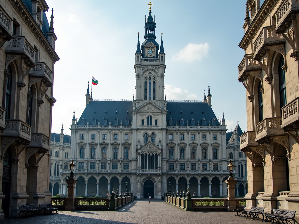 A grand historical building with a central clock tower, flanked by two symmetrical wings, and a foreground of cobblestone path and ornate lampposts.