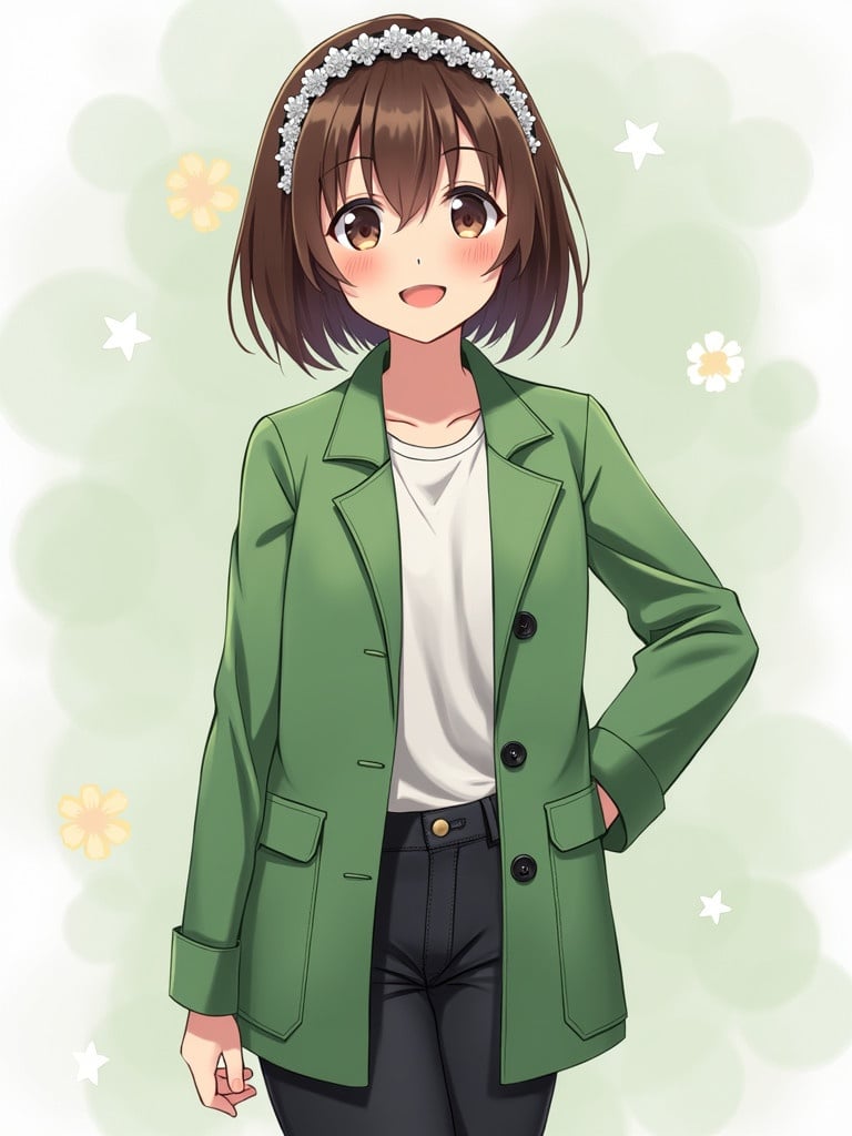 A girl wearing a green flower coat black jeans and a silver headband. She has short brown hair. The character showcases a happy demeanor in an anime art style.