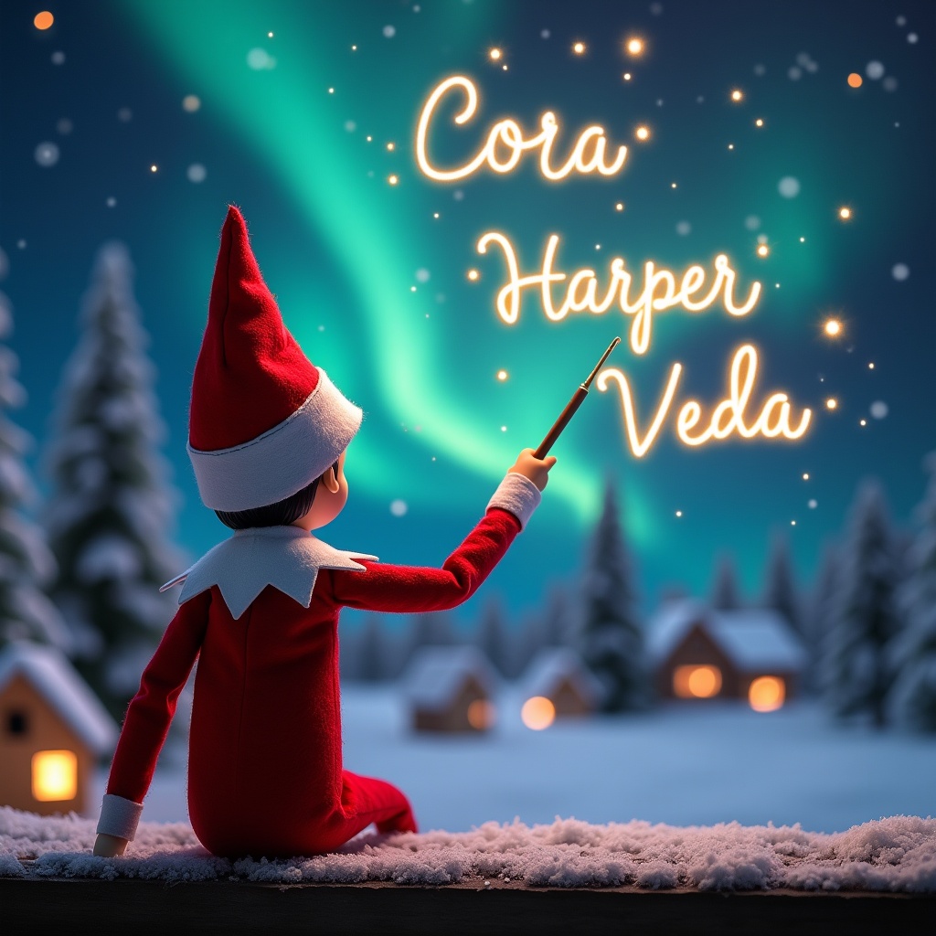 This enchanting image depicts a Christmas scene featuring an elf on the shelf. The elf, dressed in red and white, sits with its back to the viewer, gazing skyward. Wielding a magic wand, it writes 'Cora', 'Harper', and 'Veda' in luminous script above. The backdrop showcases vibrant northern lights, enhancing the magical feel of the moment. The snowy landscape and charming houses add to the festive spirit, embodying the joy of the holiday season.