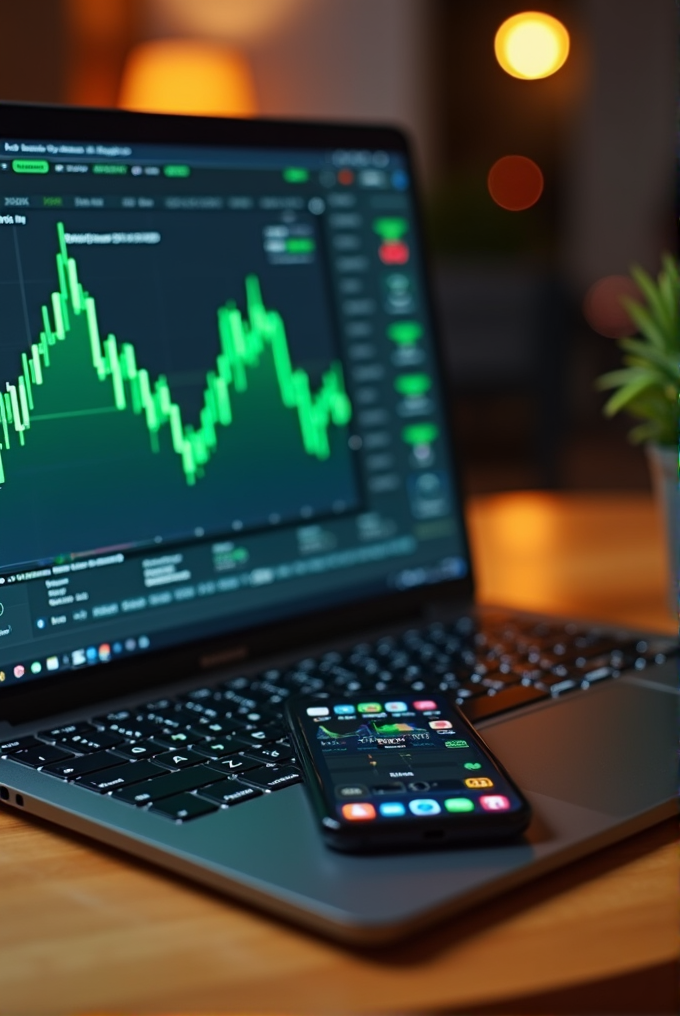 A laptop displaying a stock chart beside a smartphone with apps, set on a wooden table in a dimly lit room.