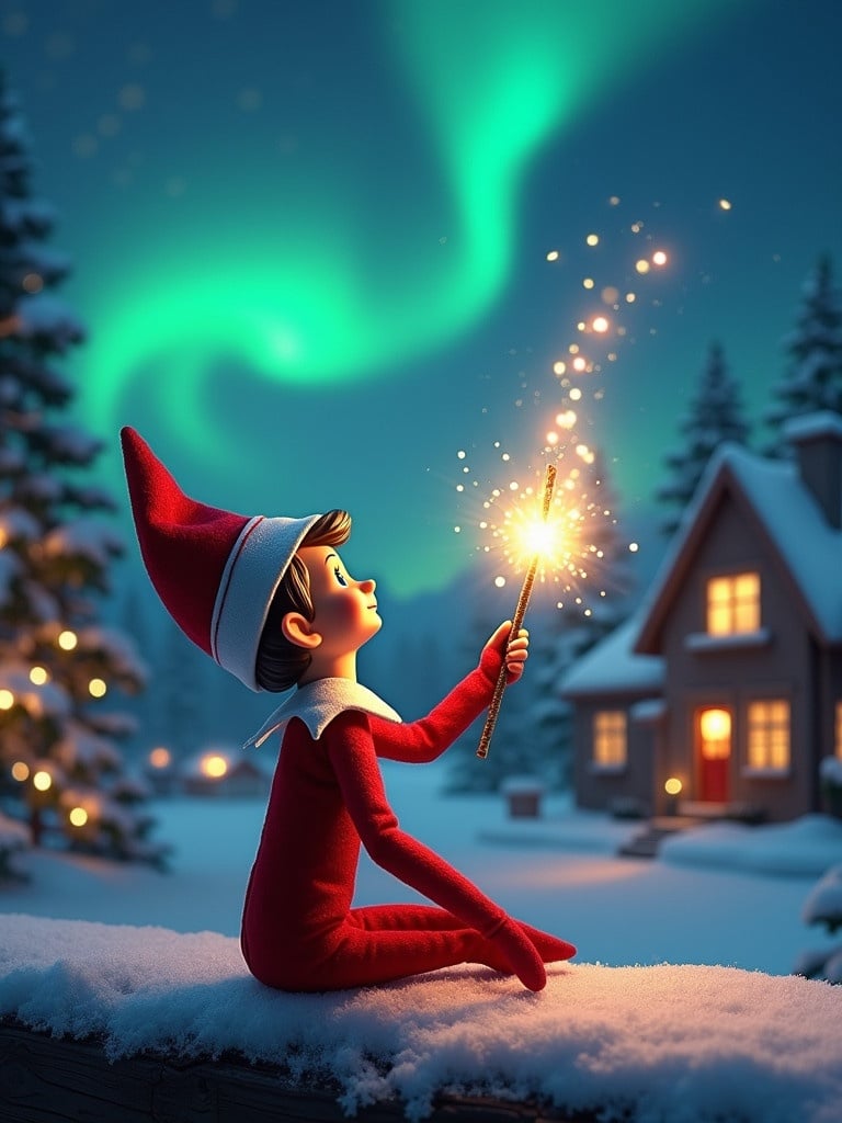 An elf on the shelf sits with back to viewer. The elf gazes skyward while holding a glowing wand. Northern lights illuminate the night sky. A cozy house is set in the distance. Snow covers the ground. The elf embodies magic of Christmas. The names Ophelia Finnigan appear in the air from the wand.