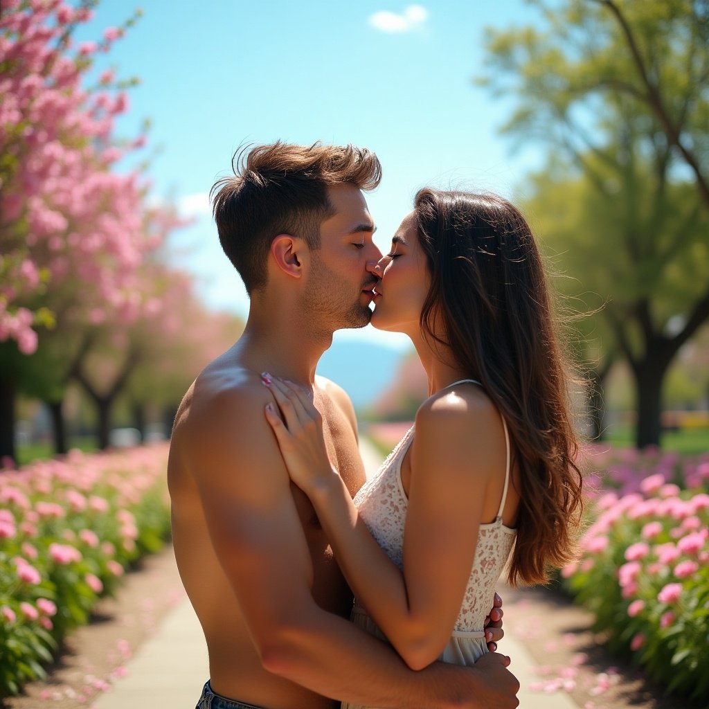 Two people in a spring garden kiss while surrounded by blooming flowers. Soft sunlight enhances the romantic atmosphere. Emphasis on love and connection in nature.