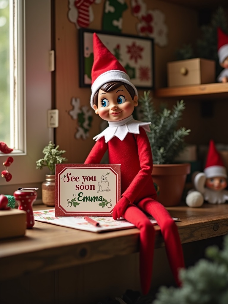 Elf doll in a Christmas workshop wears a red costume. Elf poses with a sign that reads 'See you soon Emma!' Workspace decor includes festive elements. Green plants and Christmas ornaments are featured.